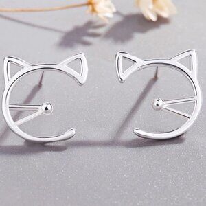 Sterling Silver 925 Cat Stud Earrings